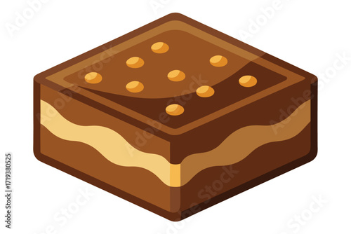 Isometric chocolate cake dessert is displayed, decorated with cream layers and small golden spheres