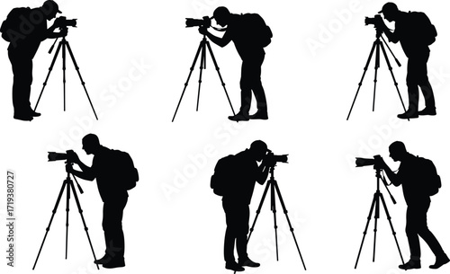 Silhouette vector illustration of photographers using cameras with tripods, adjusting lenses, focusing shots, capturing moments, professional outdoor photography work.