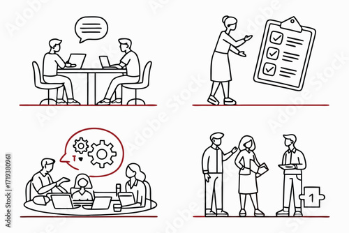 An illustrated set of business people stick figures working in an office with a computer and a woman holding a baby