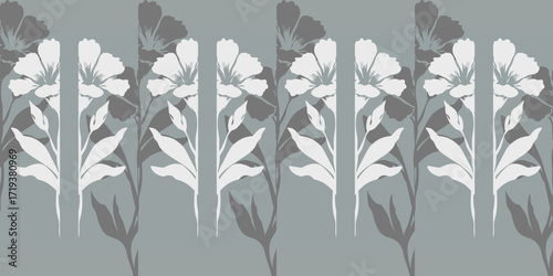 Silhouette tree illustration with floral pattern, unusual hand drawn flowers, fabric pattern, background, banner.