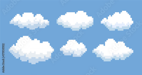 Pixel art of clouds. Retro 8 bit blue sky aerial cloud pixel art. Digital clouds pixel art icon set. Flying white computer clouds on blue sky.	