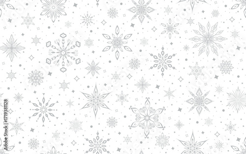 Winter seamless pattern. Festive background with golden snowflakes and stars on a white. For Christmas and New Year decorations, wallpaper, wrapping paper, fabric, or digital backgrounds.