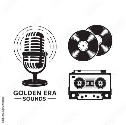 Vintage audio equipment icons including microphone vinyl records and cassette tape Keywords: microphone, vinyl record, cassette tape, audio, music