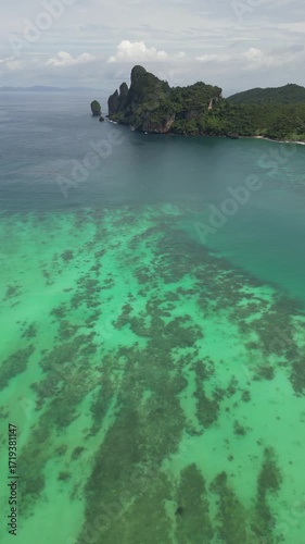 Drone video in portrait of Koh Phi Phi Don with Longtail Boats