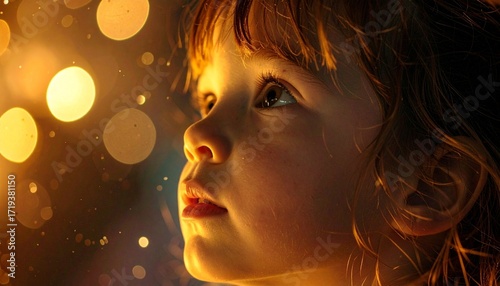 A young child's face aglow with the magic of soft, golden light, her eyes wide with innocent wonder as she gazes upwards into a luminous, dreamlike world of shimmering bokeh