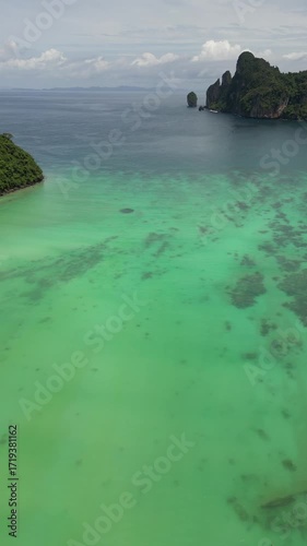 Drone video in portrait of Koh Phi Phi Don with Longtail Boats