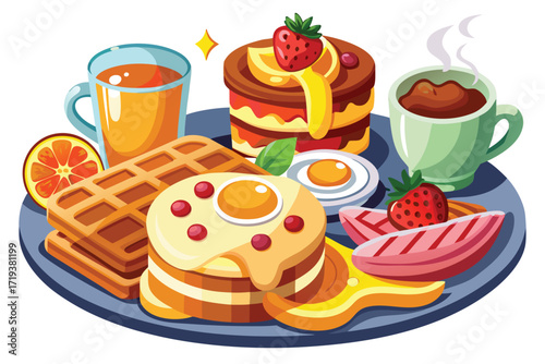 Fresh fruit and breakfast items are arranged on a blue serving plate beautifully