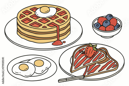 Pancakes with syrup and egg sit alongside toast, eggs, and a berry bowl