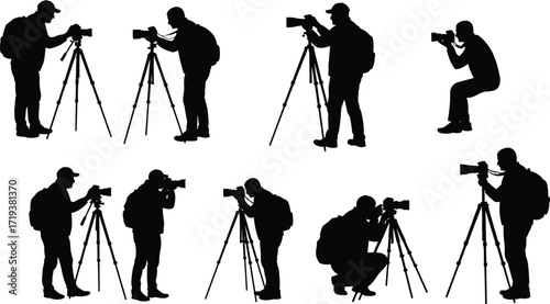 Silhouette vector illustration of photographers using professional cameras and tripods, capturing images, adjusting settings, taking photos, creative photography, outdoor shooting.