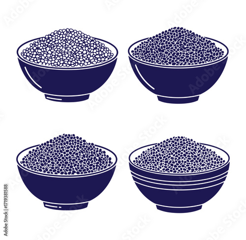 Four stylish bowls of caviar depicted in a clean and decorative minimalist vector illustration