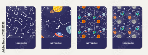 School diary cover design with childish galaxy.