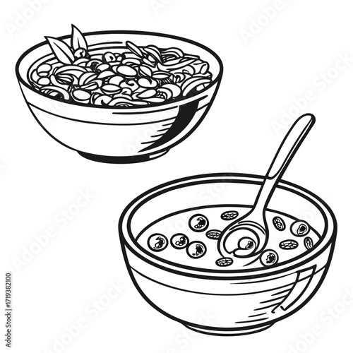 Line drawing depicts two bowls, one with noodles and one with soup