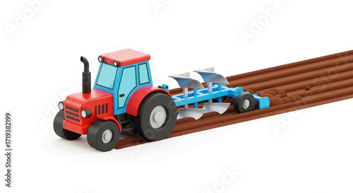Cartoon tractor plowing a field, isolated on white background.