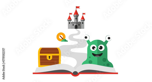 A fantasy storybook adventure with a cute monster, treasure chest, and a path leading to a fairytale castle.