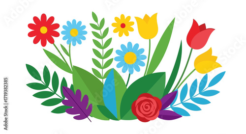Colorful floral arrangement with various flowers and leaves on a white background.