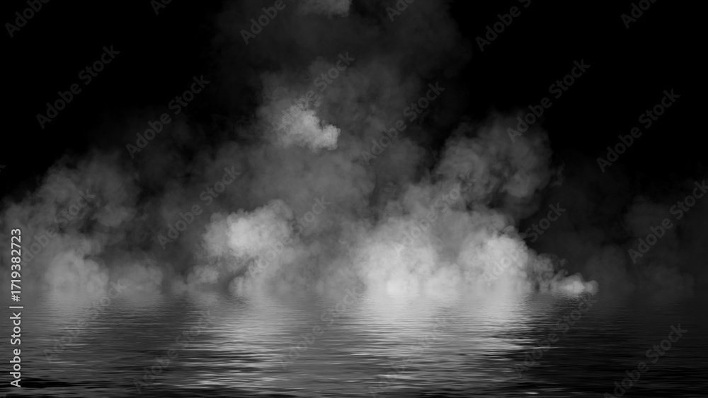 Fototapeta premium Mystery fire coastal fog . Smoke on the shore . Reflection in water. Texture overlays background. Stock illustration.