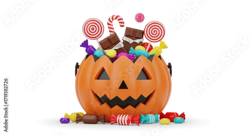 Halloween candy bucket overflowing with colorful treats, including lollipops, chocolates, and assorted candies.