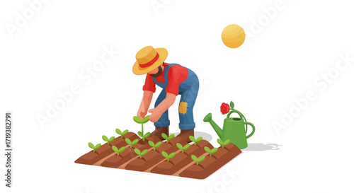 A farmer wearing a straw hat and overalls plants seedlings in a field under a bright sun.