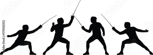 Fencing silhouettes collection, athletes in motion, sword fighting, foil, épée, sabre, sports training, martial arts, duel, combat, olympic fencing, competition