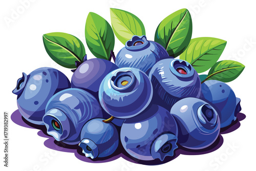 Vibrant cartoon pile of blueberries with green leaves creates an appealing natural scene