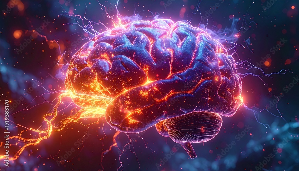 Fototapeta premium A Fiery Illustration of Brain Activity, Showcasing Neuronal Processes and Energy Flows