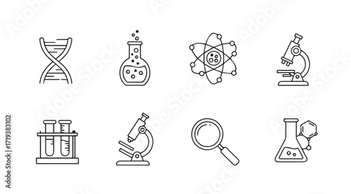 Collection of scientific icons including dna microscope and beaker silhouette