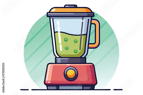 Cartoon blender contains a green liquid with floating balls against a striped teal background