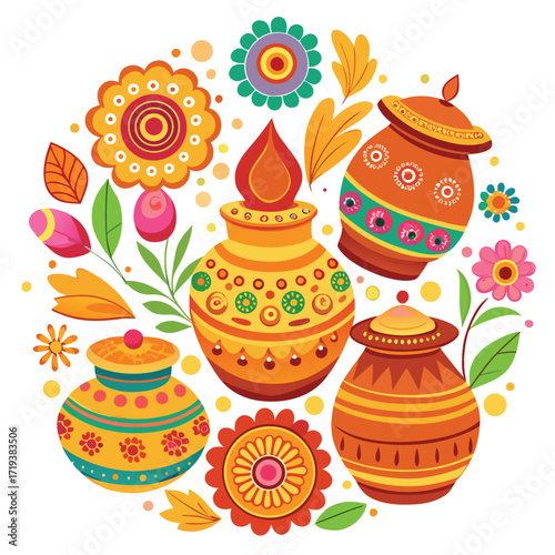 Colorful Floral Design with Decorative Clay Pots colorful floral design