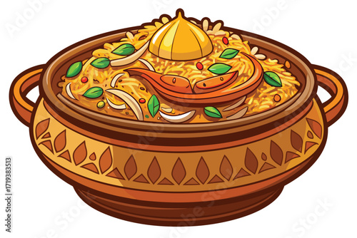 Cartoon pot filled with cooked pilaf is topped with garlic and peppers