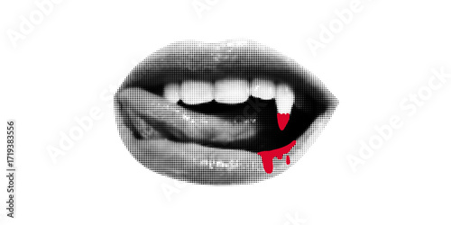 Open mouth with vampire fangs and blood drops. Creepy Halloween, retro collage banner, lips cut out from magazine