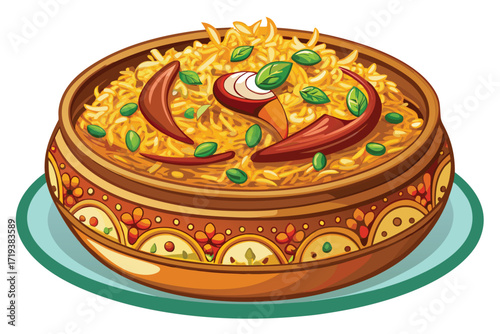 An ornamented bowl presents savory rice dish topped with peppers, basil, and onion slices