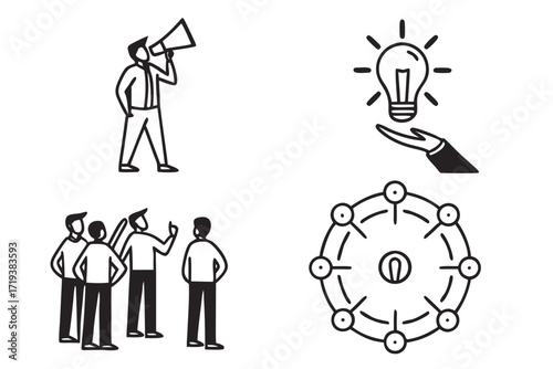 Icons depicting business people and a lightbulb symbolize a team with a creative idea, innovation, and design
