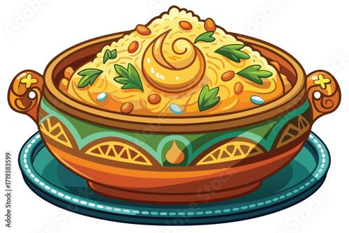 Cartoon styled rice dish with butter and parsley rests in ornamented bowl placed atop a turquoise platter