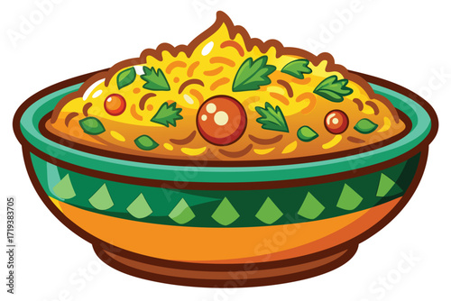 Bowl of yellow rice dish garnished with tomatoes and parsley rests peacefully isolated