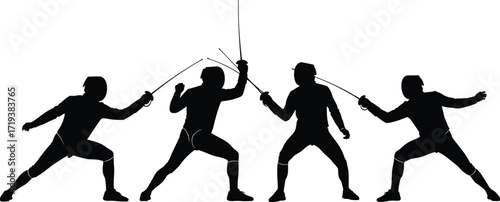 Fencing silhouettes set, athletes in action, sword fighting, foil, épée, sabre, sports training, martial arts, duel, combat, olympic fencing, competition