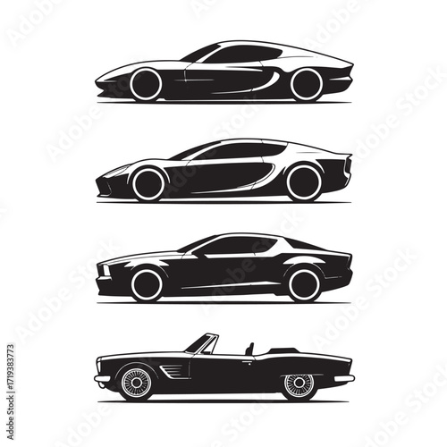 Four Silhouette Sports Cars and Convertible in Profile View automobile vehicle