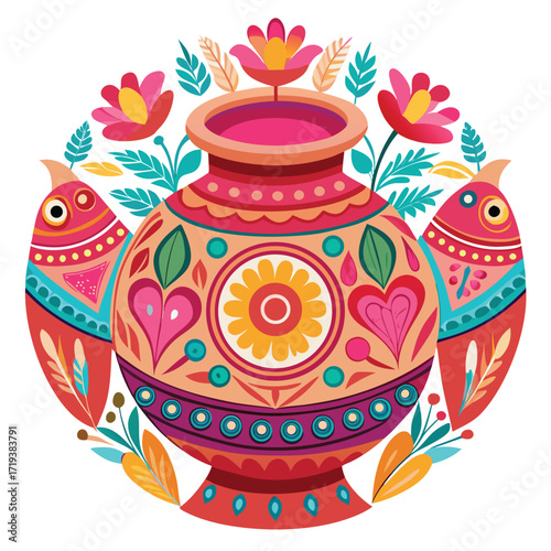 Colorful Decorative Pot with Floral and Bird Motifs colorful decorative
