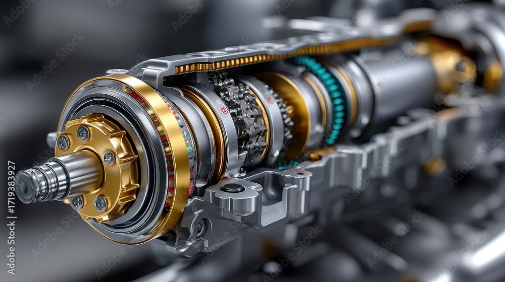 Fototapeta premium Intricate Mechanism of a Cross-Sectional Engine Component with Detailed Gears and Metal Finishes