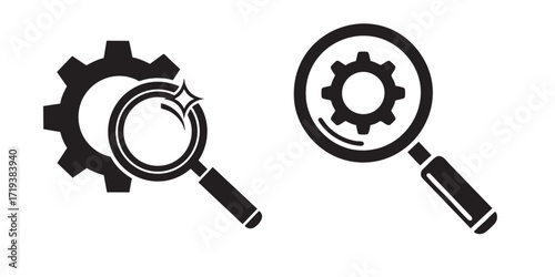 Minimal black and white SEO optimization icon with magnifying glass and gear, perfect for marketing, analytics, and search engine concepts.
