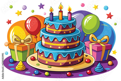 Colorful three layer cake adorned with candles features balloons, gift boxes, and party accessories