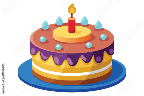 Festive cake with one candle and teal decorations rests upon a blue plate