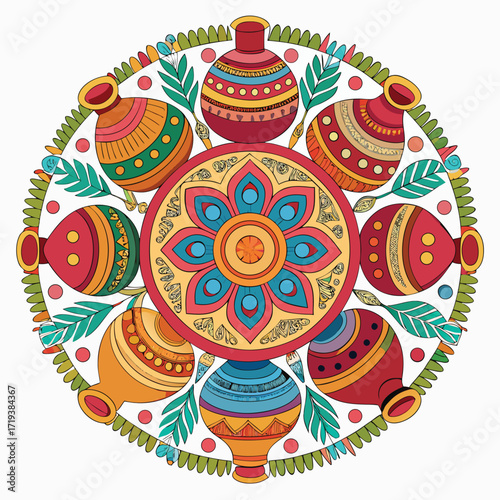 Colorful Mandala Design with Pots and Flowers Illustration colorful mandala