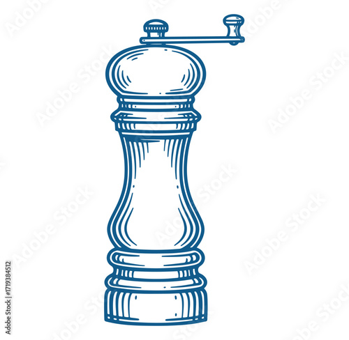 Hand drawn illustration of a classic blue pepper mill isolated on a white background