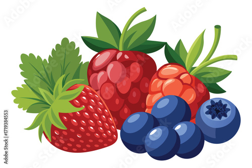 Fresh raspberries, strawberries, and blueberries compose a vibrant and delicious assortment together