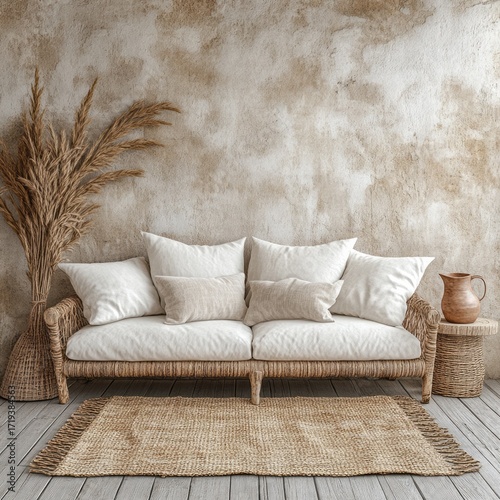 A comfortable, light-filled living room scene showcases a natural, bohemian style with a neutral color palette.