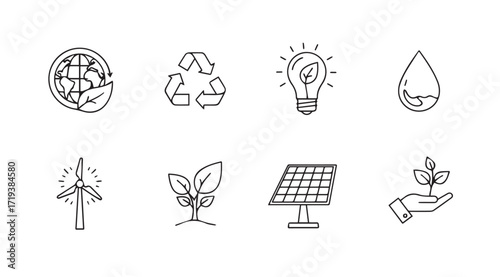Collection of hand drawn eco friendly symbols in silhouette