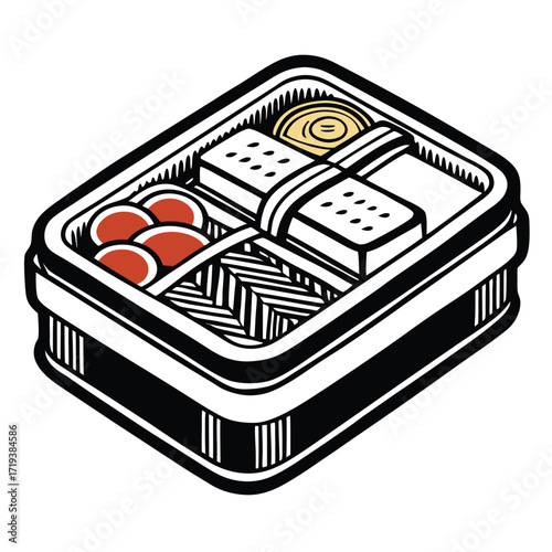 Bento box displays tofu, rice, tomatoes, and other delicacies inside beautifully designed container