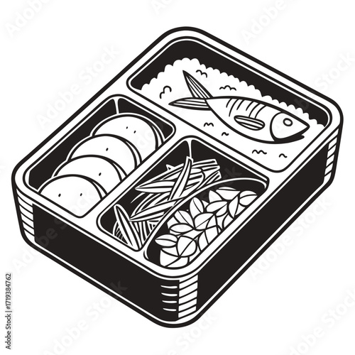 Bento box with fish, dumpling, vegetable, and rice presented in a black and white line art