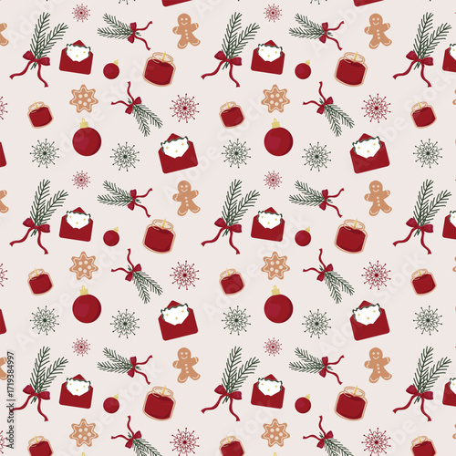 Christmas seamless pattern with gingerbread cookies, candles, holiday letters, pine branches with red bows, snowflakes, Christmas ornaments and festive elements, cute winter vector decoration 