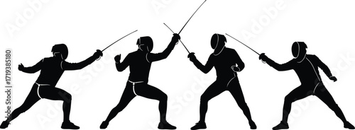 Fencing silhouettes set, athletes in motion, sword fighting, foil, épée, sabre, sports training, martial arts, duel, combat, olympic fencing, competition